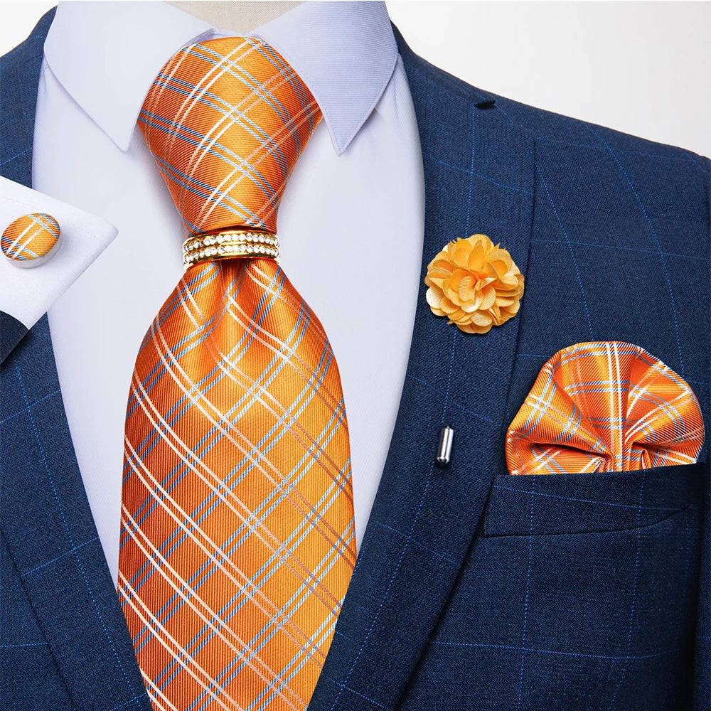 Men's Floral Red 8cm Ties Handkerchief Cufflinks Metal Ring Brooch Pin 5 Pcs Set Wedding Party Suits Accessory Gift for Husband