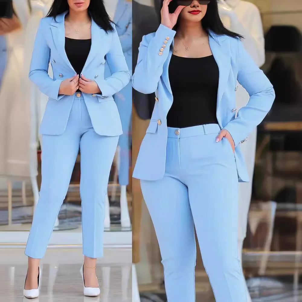 Women Blazer Suits Two 2 Pcs Sale Casual Slim Button Blazer Coats& Button Fitness Slim Full Blazer Pant Sets NMD-20250306003