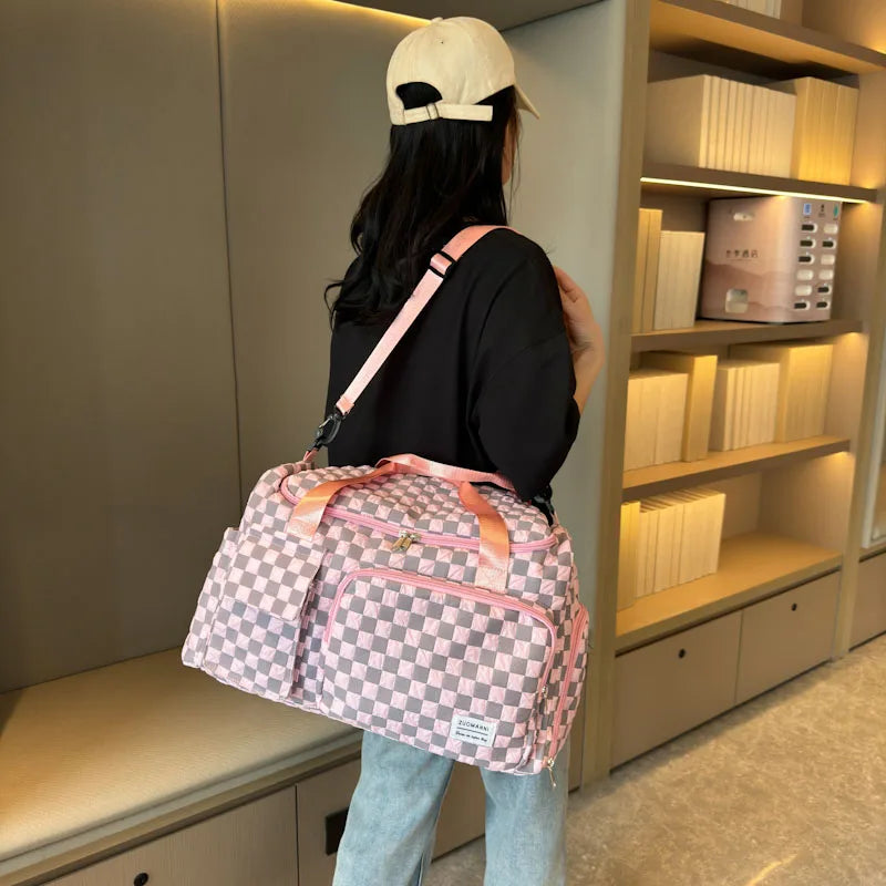 Fashion Large Capacity Checkerboard Pattern Duffle Handbag, Lightweight Travel Luggage Storage Bag, Portable Sports Fitness Bag