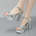 Plus Size 32-43 Elegant Silver Red Wedding Shoes Women Platform Sandals Summer 2025 Block High Heels Leather Sandals Model