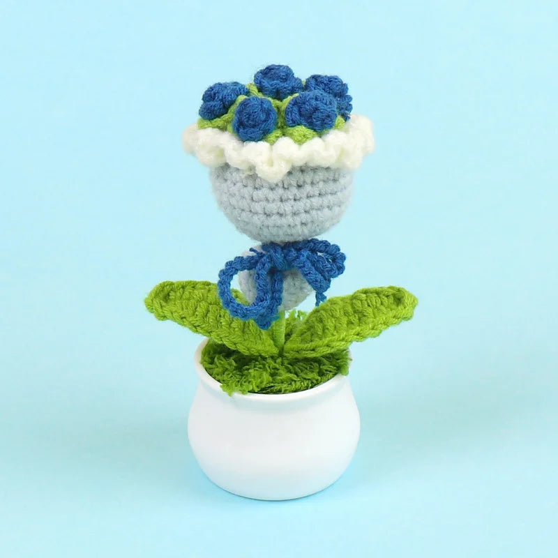 Finished Handmade Crocheted Rose Bridal Bouquet Potted Car Decoration Simulation Wool Flowers Office Decoration Creative