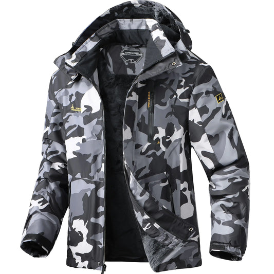 BOWOXO Winter Jacket for Men Skiing Warm Fleece Jackets Hooded Waterproof Rain Jacket Camo Thermal Snowboarding Jacket Windbreaker for Cold Weather(Camo2XL)
