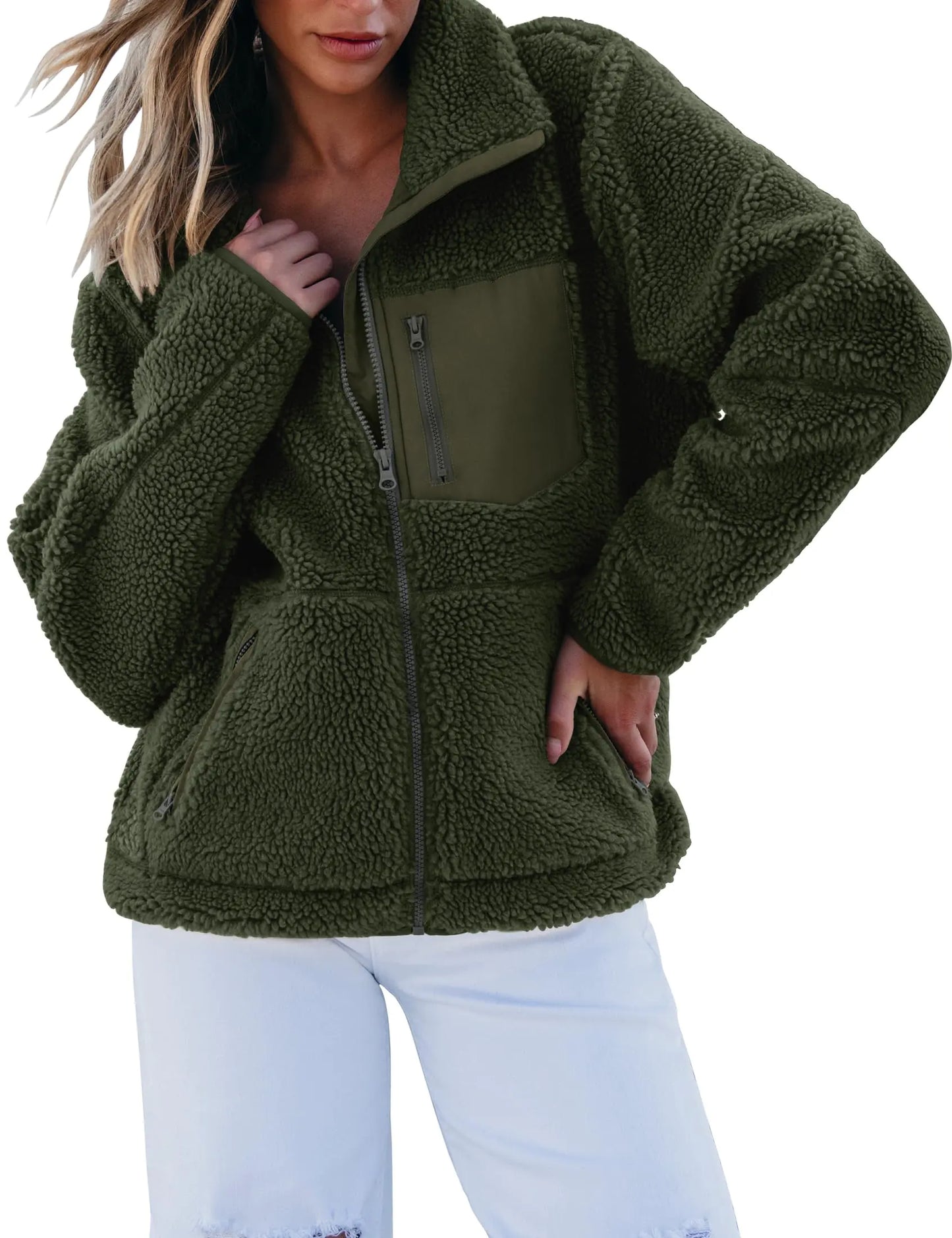 luvamia Sherpa Jacket Women Trendy Zip Up Fleece Jacket Womens Winter Coats For Women Womens Fleece Jacket Jackets For Women Casual Fuzzy Fleece Jacket Green Size X-Large Fits Size 16 Size 18