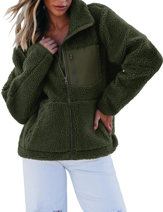 luvamia Sherpa Jacket Women Trendy Zip Up Fleece Jacket Womens Winter Coats For Women Womens Fleece Jacket Jackets For Women Casual Fuzzy Fleece Jacket Green Size X-Large Fits Size 16 Size 18