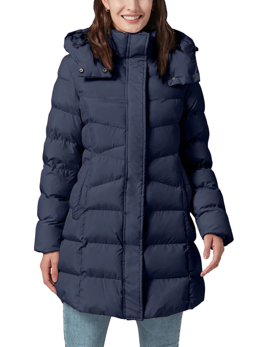 PUREPEAR Puffer Jacket for Women Winter Warm Quilted Thicken Zipper Coats with Detachable Hood Navy Blue M