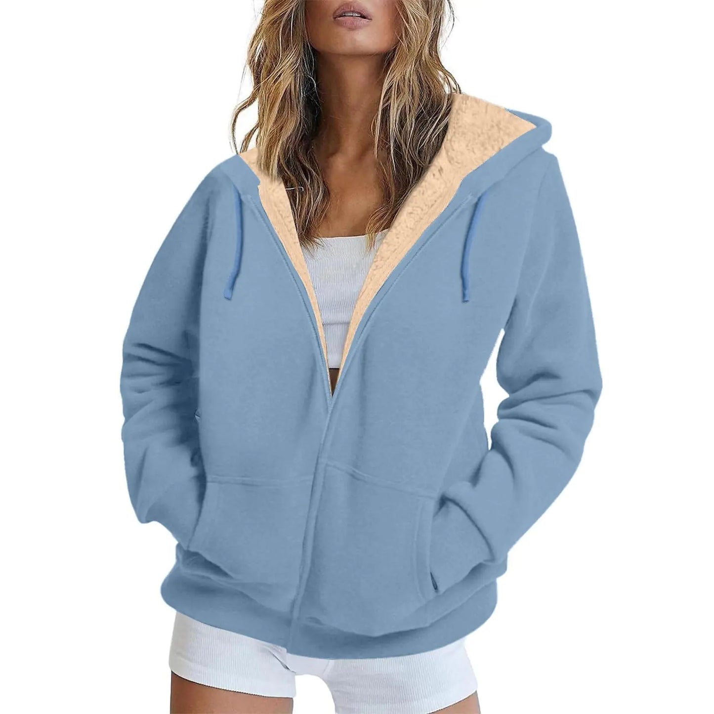Womens Hoodies Zip Up Sherpa Lined Fleece Women Winter Jacket Cute Womens Hoodies Pullover Zip Up Sweatshirt Cardigan Women Coats Womens Jackets Dressy Casual With Pocket Light Blue XXXXL