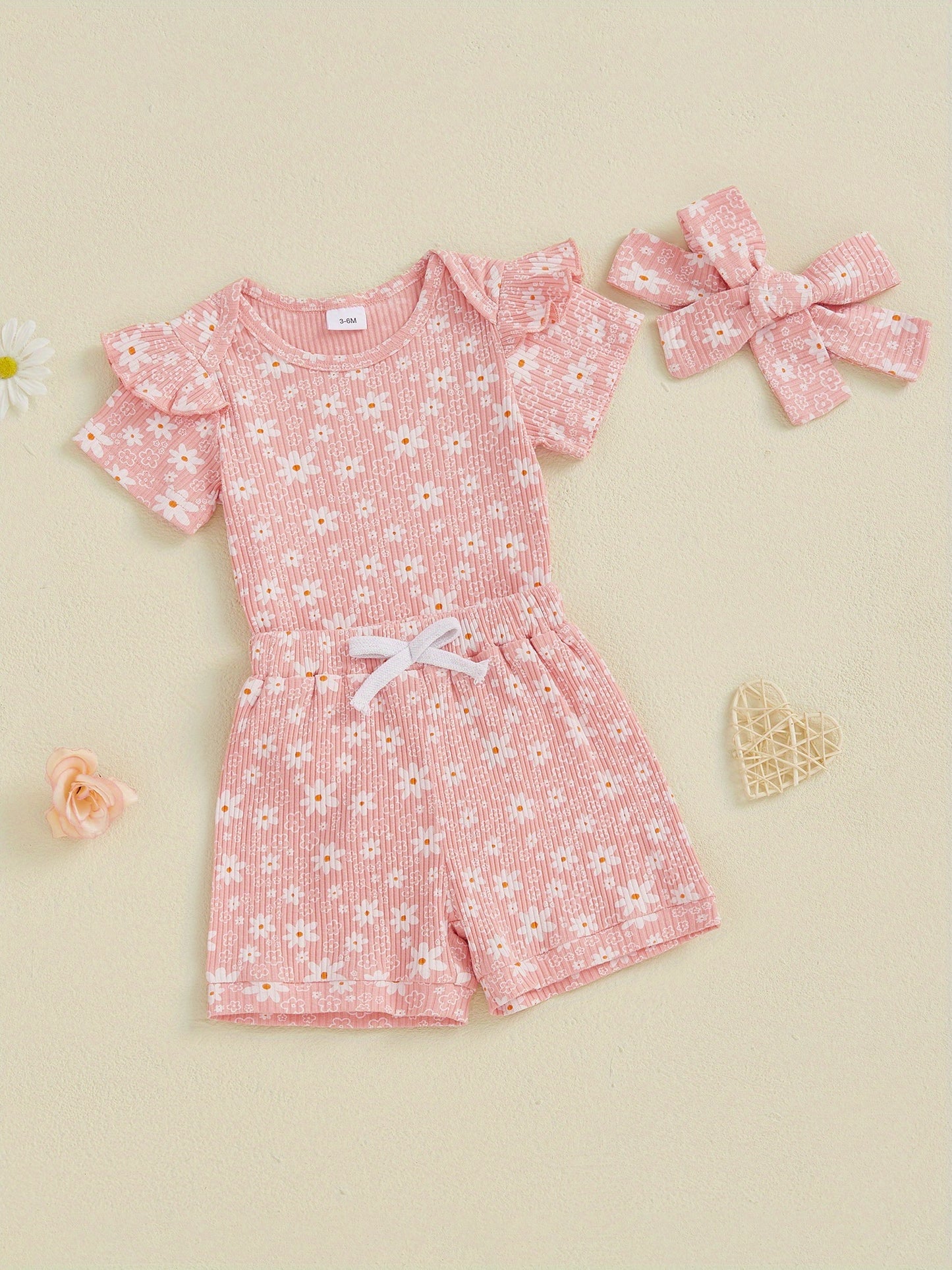 Baby Girl Summer Outfits Floral Print Crew Neck Short Sleeve Romper Shorts Headband 3pcs Clothes Set