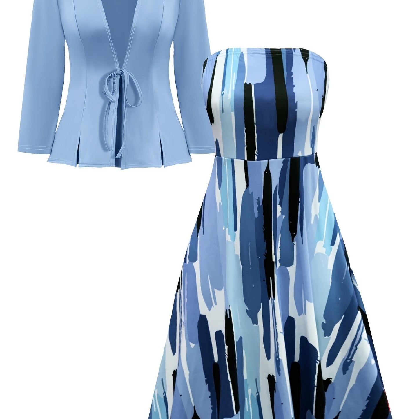 [2pcs Set: Crop Jacket & Dress] Elegant Women's 2pcs Set: Solid Color Crop Jacket & Geometric Print Dress - Stretchy, Machine Washable, Round Neck - Perfect for All Seasons