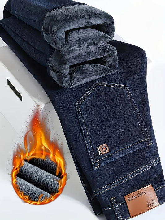 Men's Classic Thickened Denim Straight Leg Fleece Lined Jeans - Warm and Comfortable Winter Pants with Classic Design for Autumn and Winter Season