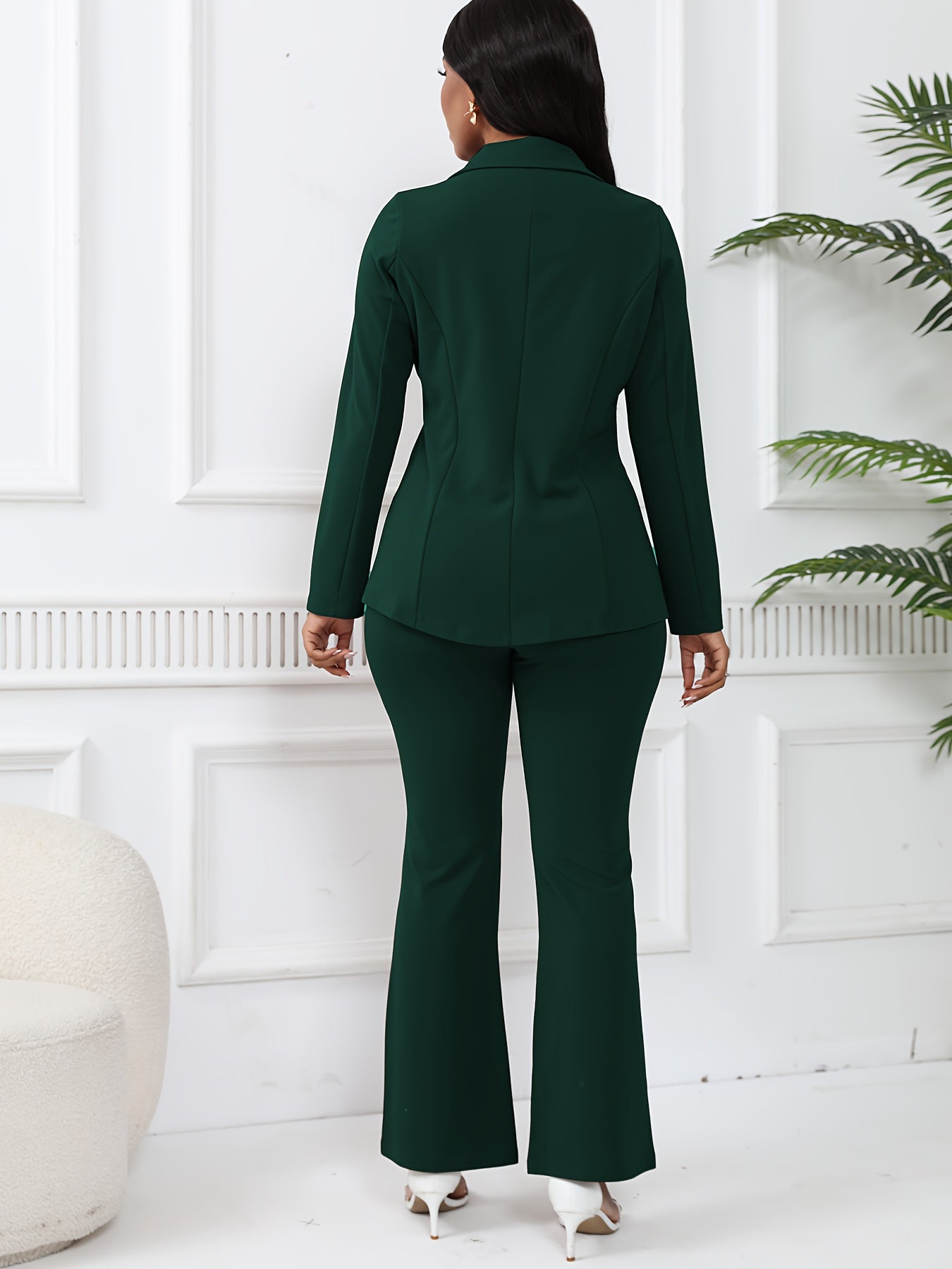 Elegant Solid Slim-Fit Two Piece Set, Single-Breasted Lapel Neck Blazer & Pants Outfits For Office & Work, Women's Clothing