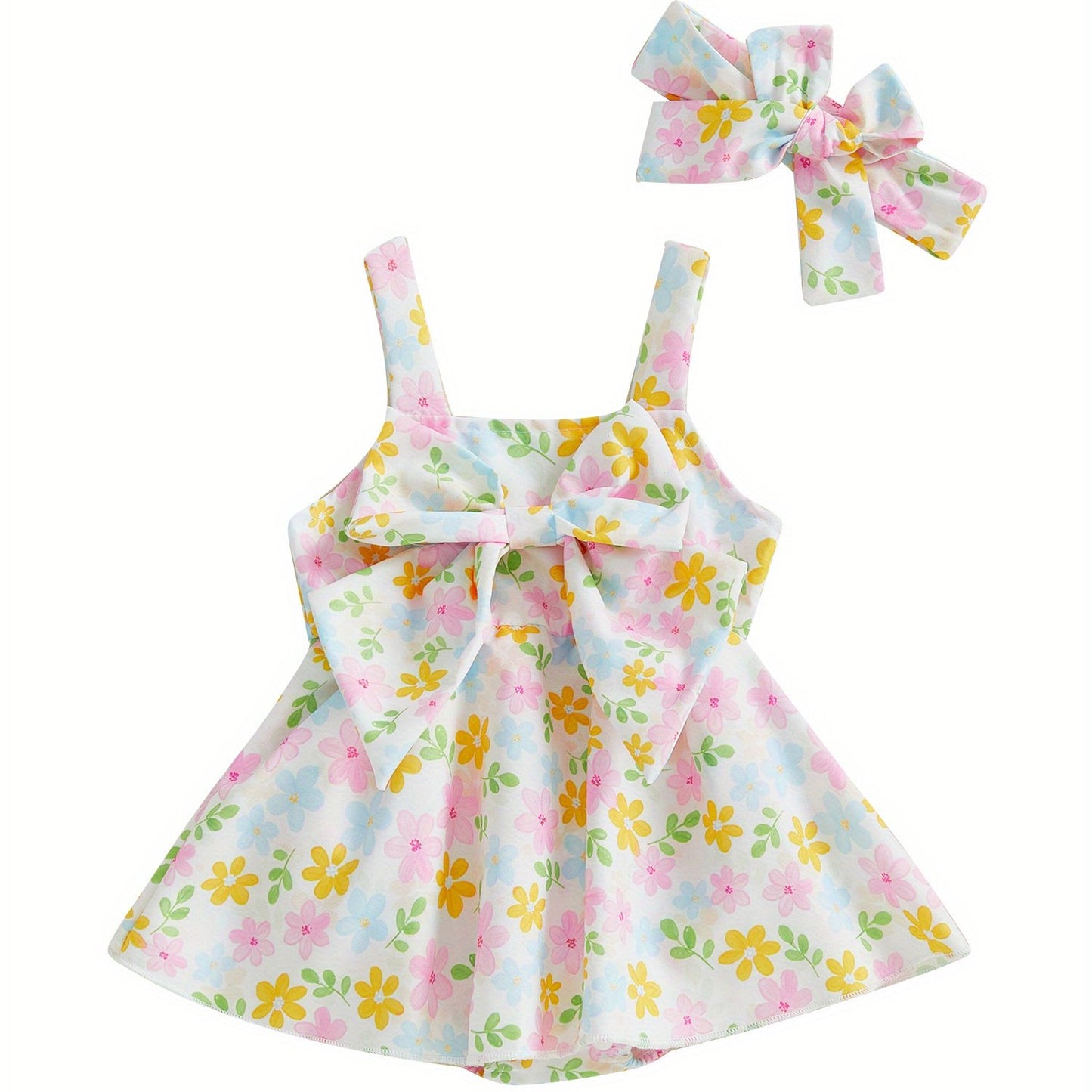 Baby Girl Summer Outfits Sleeveless Square Neck Bow Front Romper with Headband Set Newborn Clothes