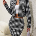 Houndstooth Print Elegant Two-piece Set, Open Front Long Sleeve Tops & Bag Hip Skirts Outfits, Women's Clothing