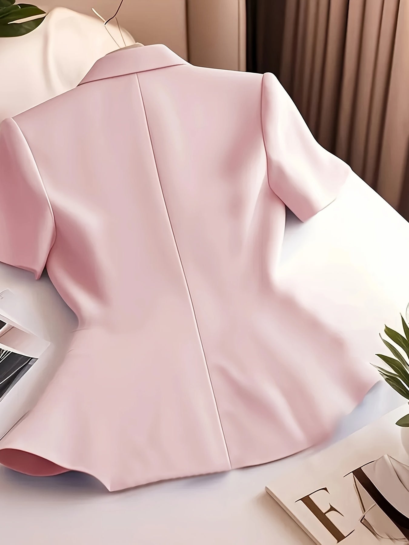 Elegant Women's Slimming Pink Blazer - Chic Short Sleeve, Button Front Jacket with Ruffled Hem, Polyester, Non-Sheer - Perfect for Office & Casual Wear