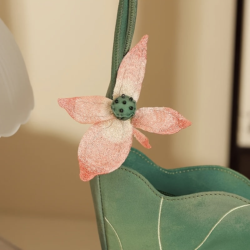 2025 New Chinese Style Women's Shoulder Bag - Exquisite Floral Embroidery Designer Handbag with Green & Pink for Lotus & Dragonfly, Zipper Closure, Lightweight Polyester Lining, Durable Oxford Fabric, Elegant Country Handbag