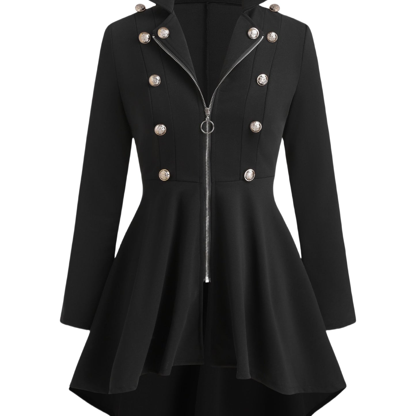 [Vintage-Inspired Chic Blazer] Chic Black Double-Breasted Blazer - Elegant Women's Vintage-Inspired Jacket - Polyester, Machine Washable, Zip-Up Front, Flared Sleeves, Decorative Buttons - Ideal for Office & Casual Wear