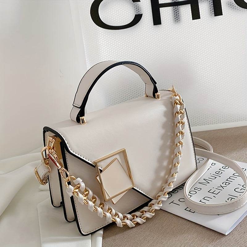 Fashion Square Handbag For Women, Faux Pearl Chain Decor Crossbody Bag, Metal Decor Flap Purse With Top Handle