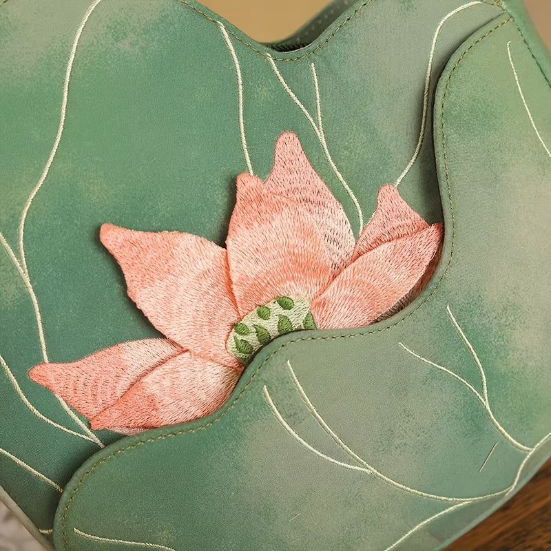 2025 New Chinese Style Women's Shoulder Bag - Exquisite Floral Embroidery Designer Handbag with Green & Pink for Lotus & Dragonfly, Zipper Closure, Lightweight Polyester Lining, Durable Oxford Fabric, Elegant Country Handbag