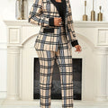 European & American Style Geometric Print Suit Jacket & Trousers Set - Long Sleeve, Patchwork, False Bag Lid, Single Button, Rubber Band Waist