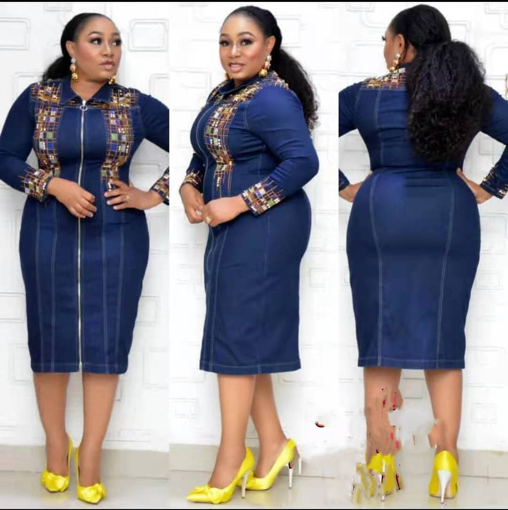 Washed Denim Print African Dress Women