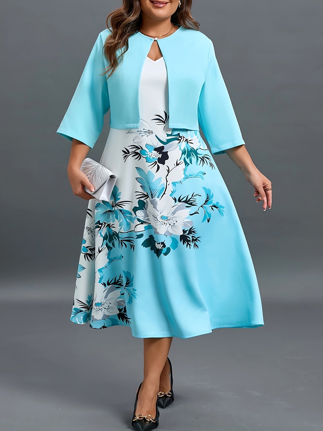Elegant Floral Two-Piece Set for Women - Casual Chic with a Touch of Sophistication, Includes a Blazer and a Dress, Dressy Attire|Sophisticated Style|Woven Textur