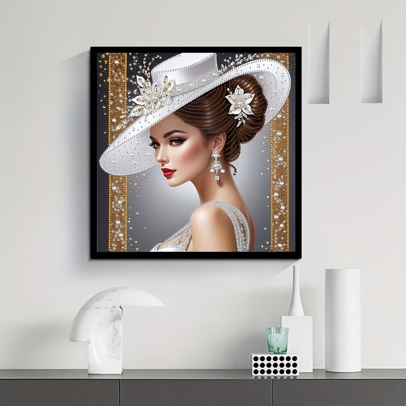 Elegant white sunshade hat Women's pattern diamond painting set, partially decorated with special shape crystal rhinestone home wall decoration DIY technology, (no border)