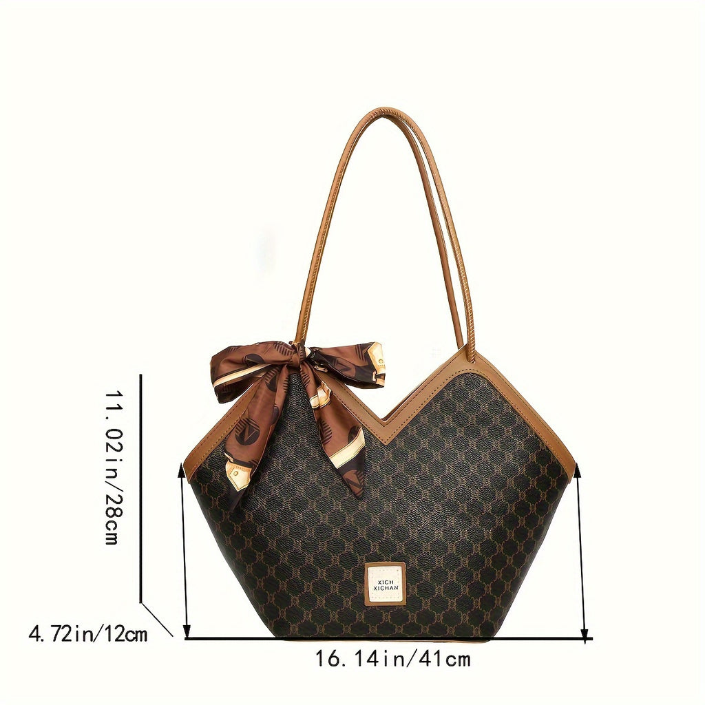 LABOONOO Women'S Extra Large Tote Bag - Stylish Shoulder Handbag with Ribbon Bow, Black & Brown Pattern, Zipper Closure, Perfect for Everyday Use, Ladies Handbags