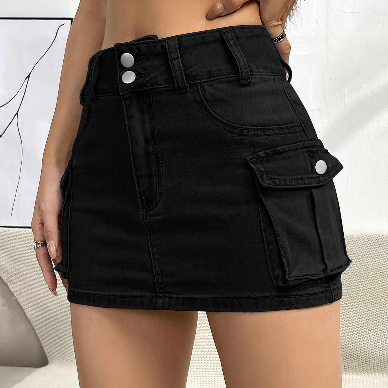 Multi-pocket Denim Cargo Skirts, Single Button Sexy Mid-stretch Denim Skirts, Women's Denim Clothing