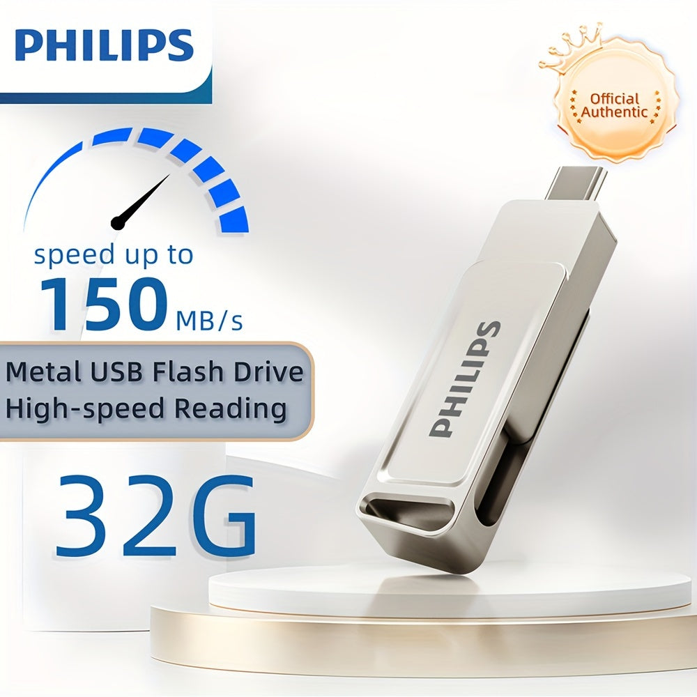 [PHILIPS Dual Flash Drive] PHILIPS 2-in-1 USB 3.2 Type-C Dual Flash Drive - Speed Up to 150MB/s, Metal, 32 GB, 64 GB, 128 GB, 256 GB - for USB-C Android Phones, iPhone 15, MacBook, iPad, Computers, etc