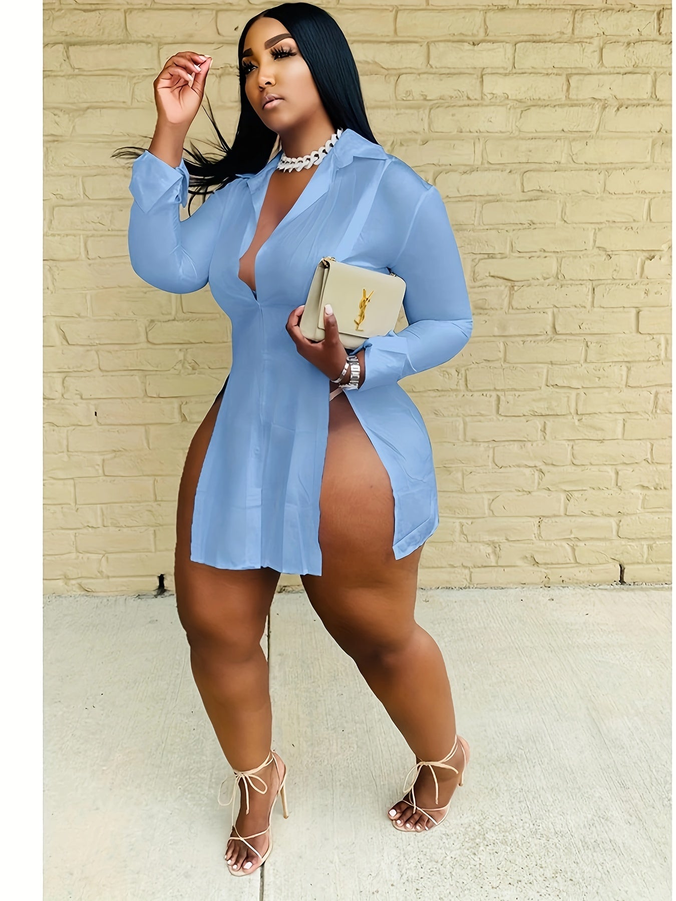 Women Button Down Shirts Dress Sexy Side Split Casual Long Sleeve Collared Slim Fit Blouses Tops
