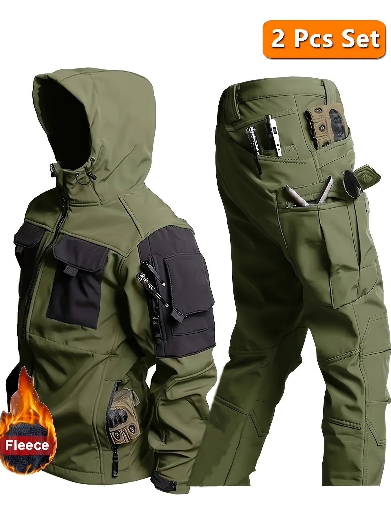 Men's 2pcs Fleece-Lined Hooded Jacket & Pants Set - Windproof Softshell Winter Clothing, Full-Zip Mummy-Like Zipper, Multi-Pocket Shell (Grey/Black) for Skiing, Hiking, Snow Sports - Thermal Outfit, Mens Clothes, Workwear For