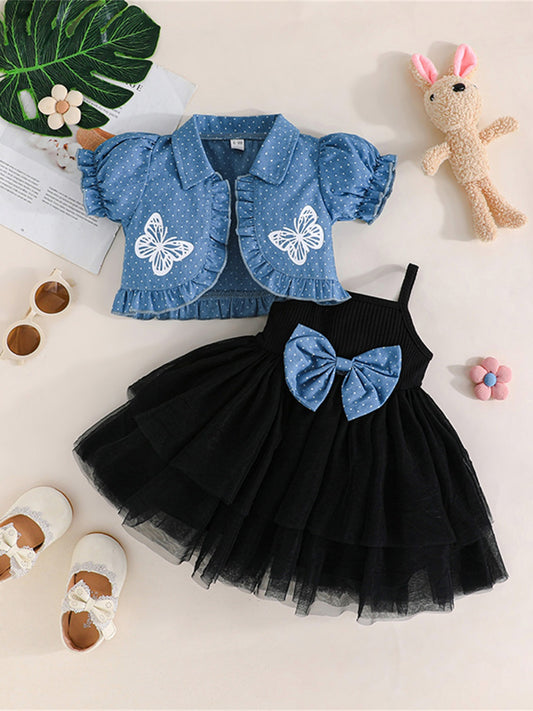 Youngsters Girl Summer Outfits Tulle Spaghetti Strap Bow A Line Dress with Dot Butterfly Print Short Puff Sleeve Cardigan, Perfect for Outdoor