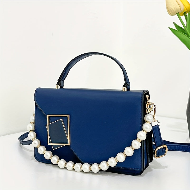 Fashion Square Handbag For Women, Faux Pearl Chain Decor Crossbody Bag, Metal Decor Flap Purse With Top Handle