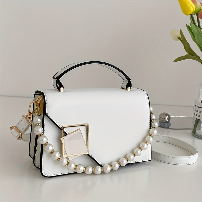 Fashion Square Handbag For Women, Faux Pearl Chain Decor Crossbody Bag, Metal Decor Flap Purse With Top Handle