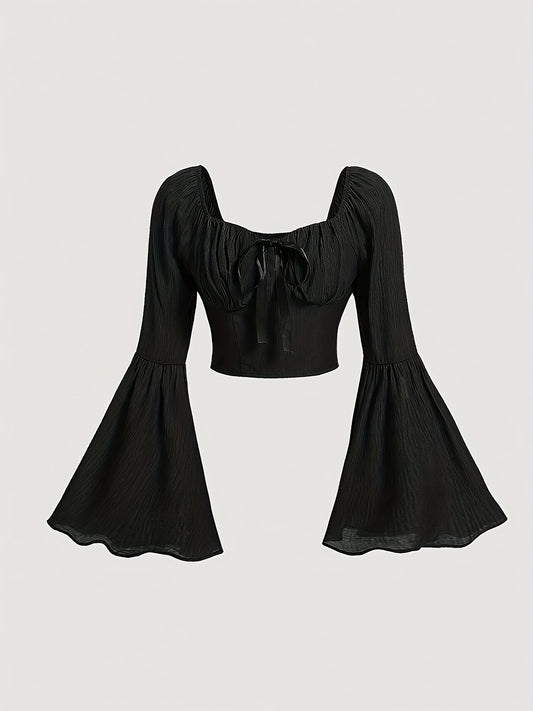 Vibrant Square Neck Ruched Crop Top - Women's Blouses with Long Flare Sleeves, Casual Chic Design for Spring & Fall Seasons, Soft Comfortable Fabric, Easy to Pair with Jeans or Skirts
