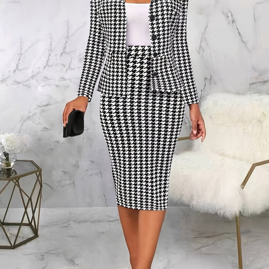 Elegant Houndstooth Print Two-Piece Set for Women - Chic Blazer & Bodycon Skirt Combo, Stretchy Polyester Blend, Non-Sheer, Button-Up Lapel Collar Jacket with Pockets - Perfect for Work, Office, or Casual Wear - Ideal Gift fo