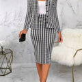 Elegant Houndstooth Print Two-Piece Set for Women - Chic Blazer & Bodycon Skirt Combo, Stretchy Polyester Blend, Non-Sheer, Button-Up Lapel Collar Jacket with Pockets - Perfect for Work, Office, or Casual Wear - Ideal Gift fo