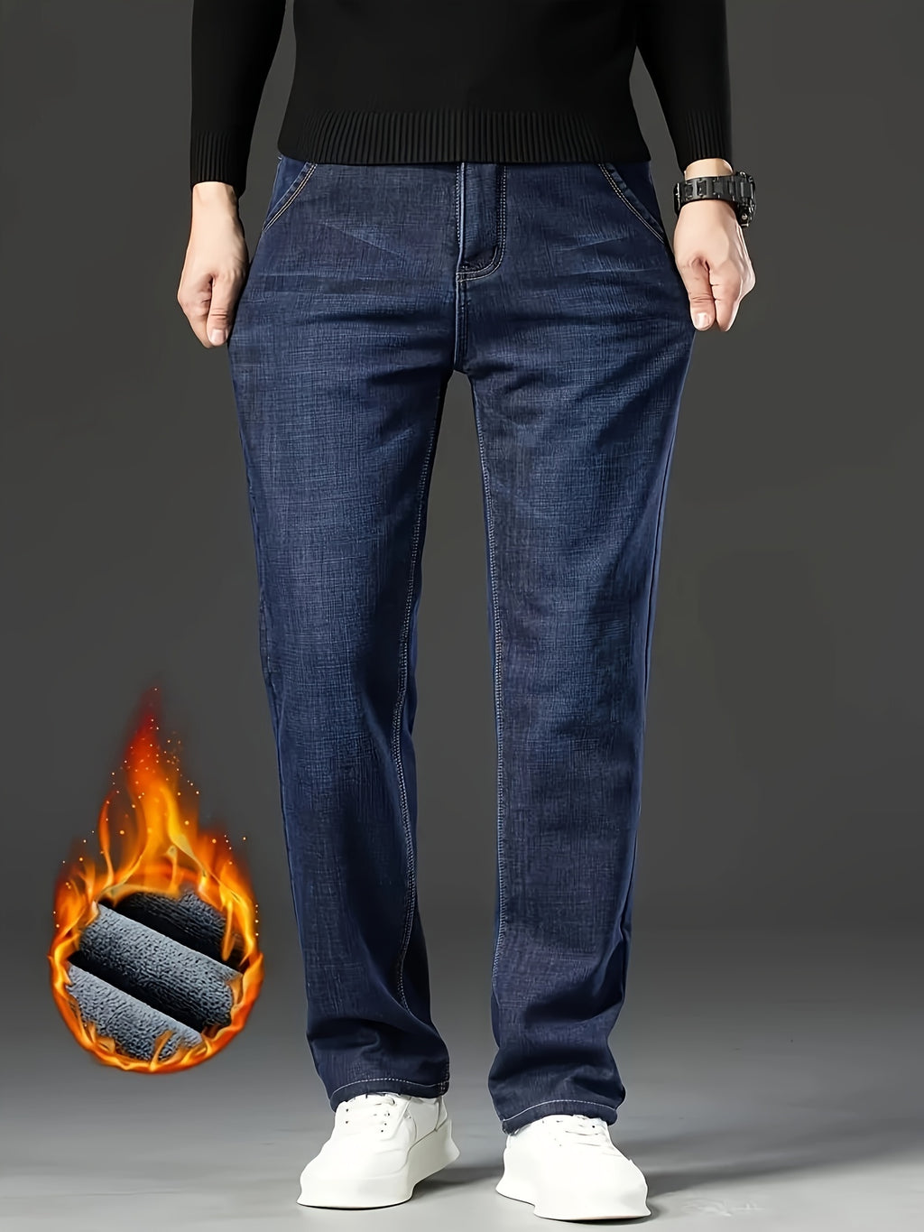 Men's Classic Thickened Denim Straight Leg Fleece Lined Jeans - Warm and Comfortable Winter Pants with Classic Design for Autumn and Winter Season