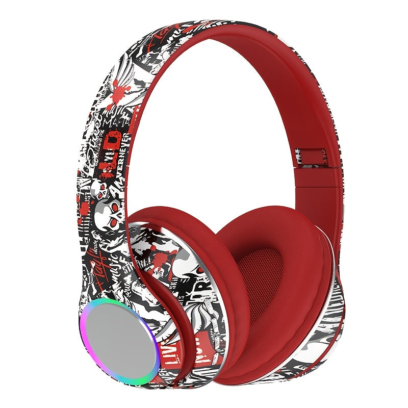 [Graffiti Design Condenser Microphone Headphones] Wireless On-Ear Headphones with Sound Isolation, Graffiti Design, Push Button Volume Control, Tangle-Free Cable, Condenser Microphone, 200mAh Rechargeable Battery, Type-C Char