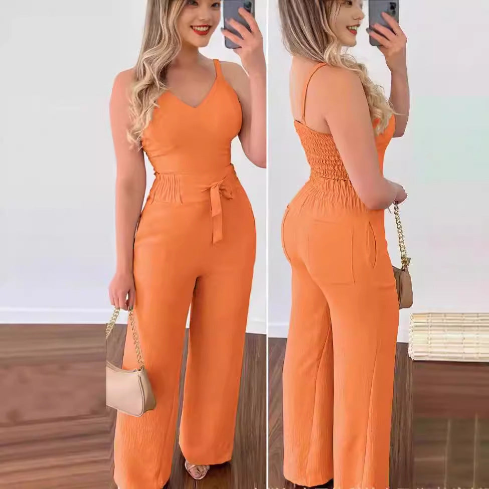 Women's Solid Color Slim Elastic Pleated Two-Piece Suit Sexy  Pants Suit