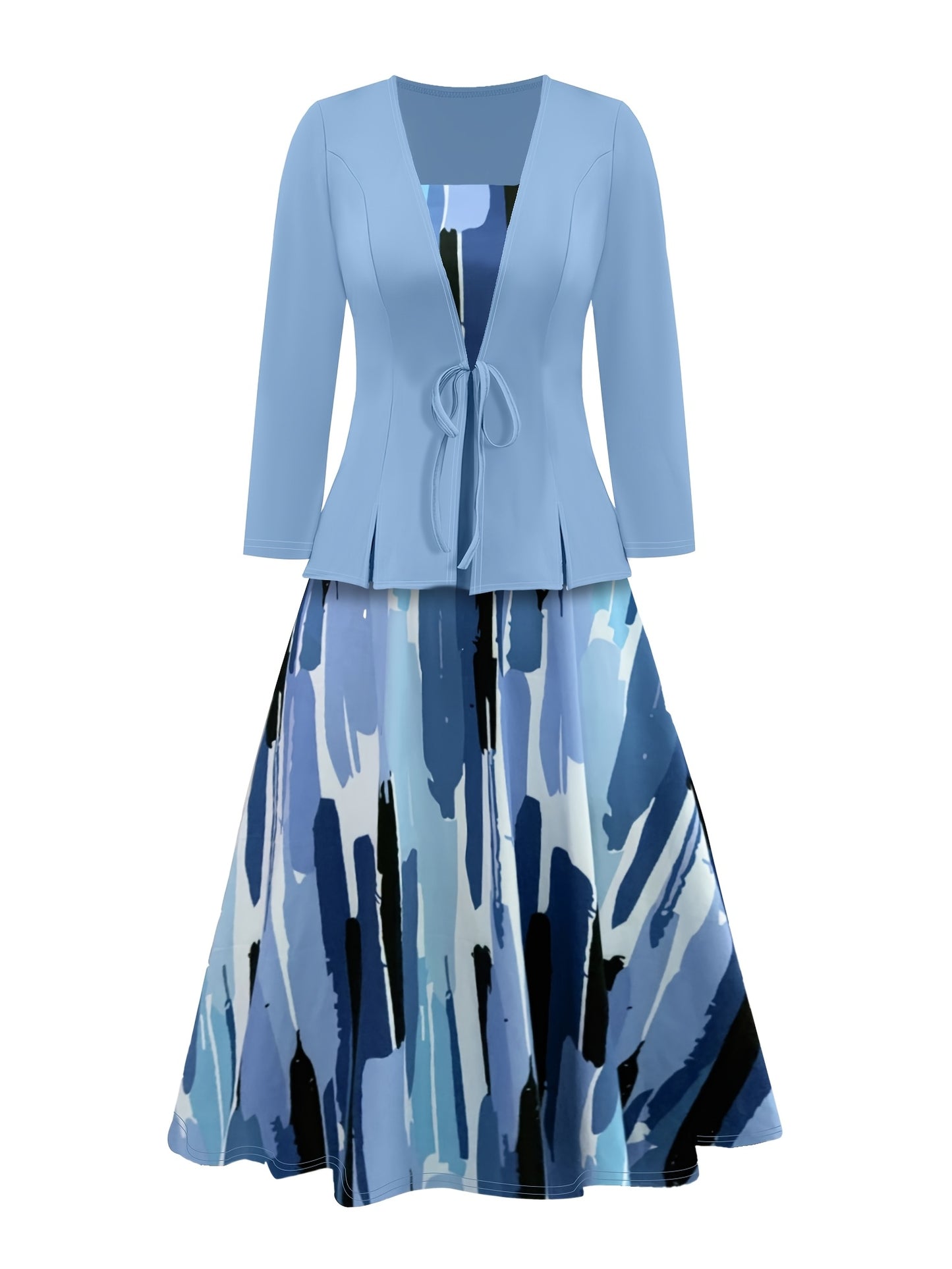 [2pcs Set: Crop Jacket & Dress] Elegant Women's 2pcs Set: Solid Color Crop Jacket & Geometric Print Dress - Stretchy, Machine Washable, Round Neck - Perfect for All Seasons