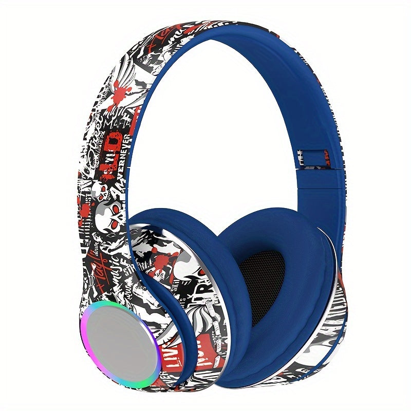 [Graffiti Design Condenser Microphone Headphones] Wireless On-Ear Headphones with Sound Isolation, Graffiti Design, Push Button Volume Control, Tangle-Free Cable, Condenser Microphone, 200mAh Rechargeable Battery, Type-C Char