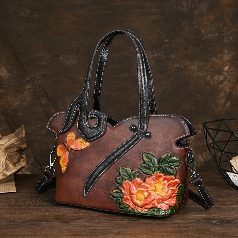 Genuine Genuine Leather Women's Crossbody Bag with Floral Embossed Design - Ethnic Style Coffee & Yellow Handbags, Zipper Closure & Polyester Lining for Casual or Formal Use