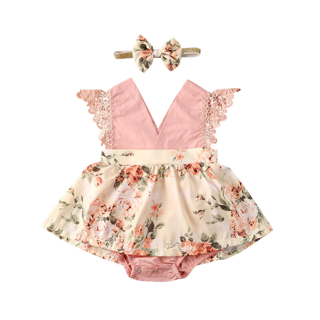Girl Princess Clothes Baby Rompek Sleeveless  Jumpsuit Newborn Headband Kid Outfits Summer Clothingr Girls Floral Lace V Nec
