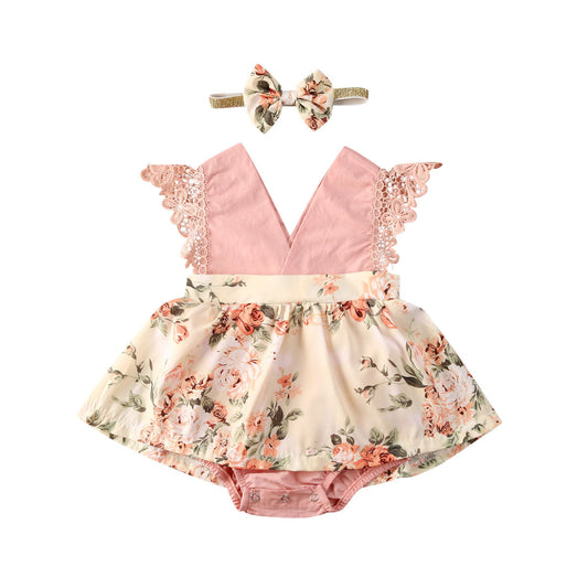 Girl Princess Clothes Baby Rompek Sleeveless  Jumpsuit Newborn Headband Kid Outfits Summer Clothingr Girls Floral Lace V Nec