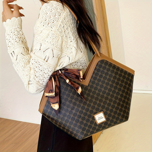 LABOONOO Women'S Extra Large Tote Bag - Stylish Shoulder Handbag with Ribbon Bow, Black & Brown Pattern, Zipper Closure, Perfect for Everyday Use, Ladies Handbags