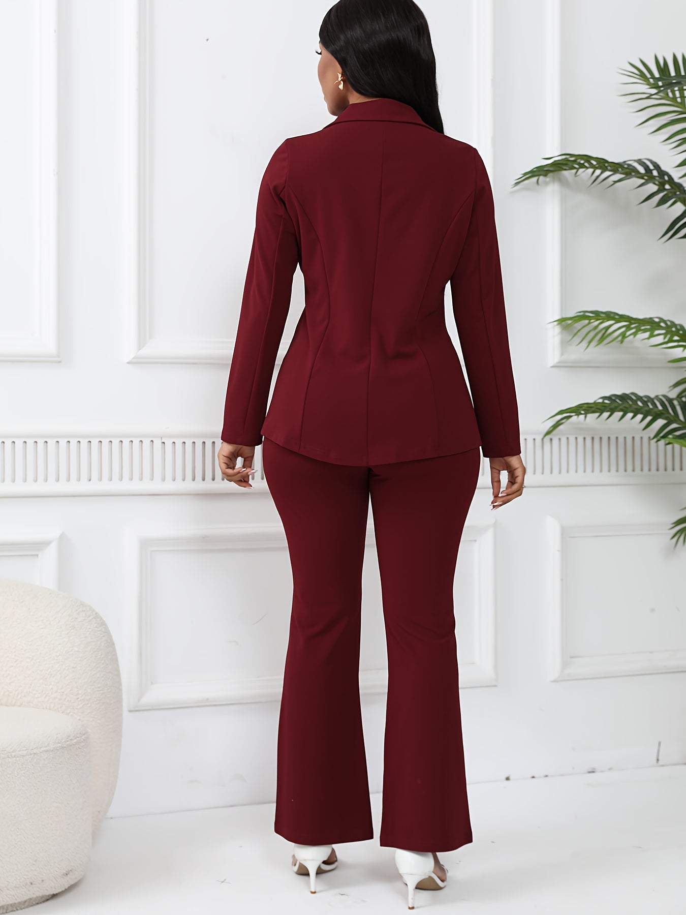 Elegant Solid Slim-Fit Two Piece Set, Single-Breasted Lapel Neck Blazer & Pants Outfits For Office & Work, Women's Clothing