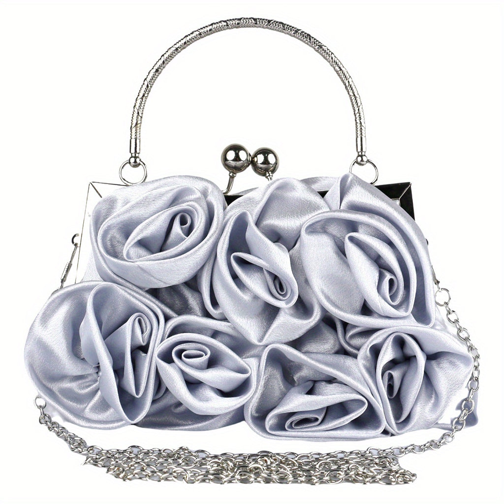Elegant Floral Fabric Clutch with Kiss Lock Closure, Polyester Lined Evening Handbag for Women - Perfect for Weddings, Parties & Formal Events, Wedding Purse | Floral Embellished Purse | Soft Pink Roses Design