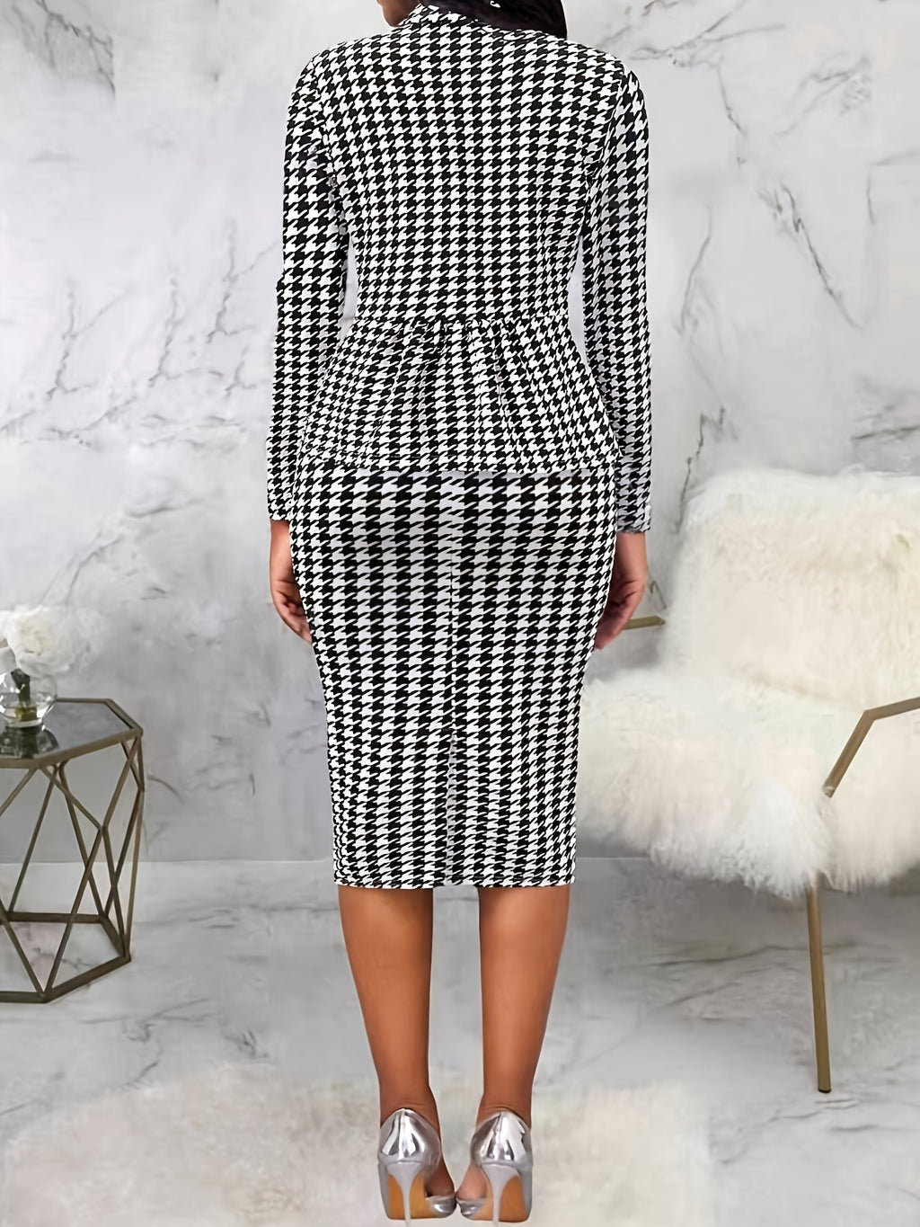 Elegant Houndstooth Print Two-Piece Set for Women - Chic Blazer & Bodycon Skirt Combo, Stretchy Polyester Blend, Non-Sheer, Button-Up Lapel Collar Jacket with Pockets - Perfect for Work, Office, or Casual Wear - Ideal Gift fo