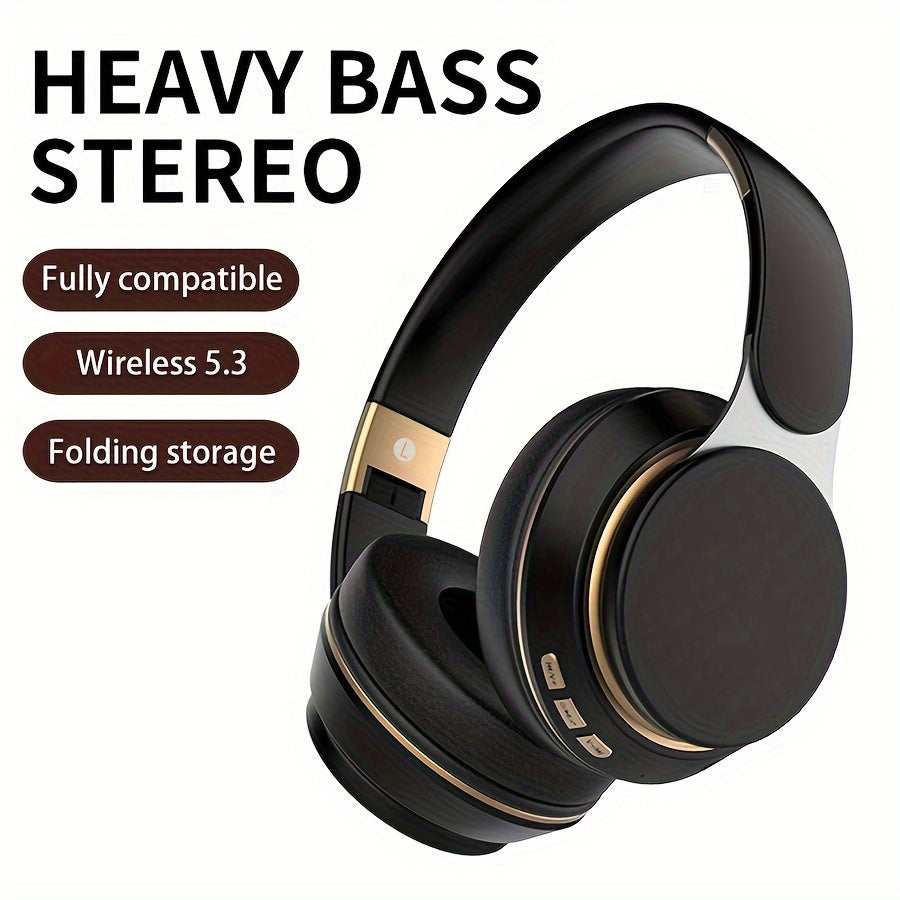 [Wireless | Heavy Bass] Wireless 5.3 Heavy Bass Stereo Foldable Headphones | Mic, FM Radio, 3.5mm AUX Cable, Soft Ear Pads, Portable Design for Travel, Home, Office, and Calls | Elegant Sound Engineering, Metallic Accents