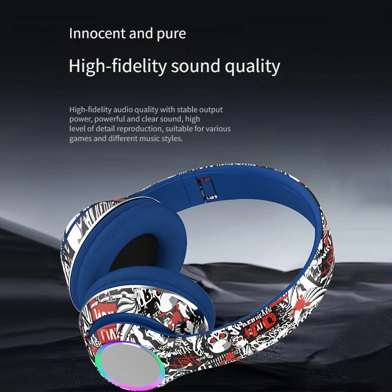 [Graffiti Design Condenser Microphone Headphones] Wireless On-Ear Headphones with Sound Isolation, Graffiti Design, Push Button Volume Control, Tangle-Free Cable, Condenser Microphone, 200mAh Rechargeable Battery, Type-C Char